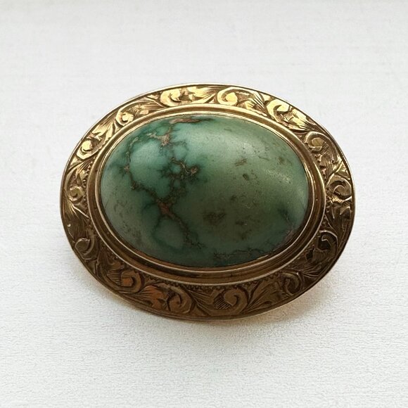 14k Gold Antique Turquoise Brooch - Picture 2 of 7